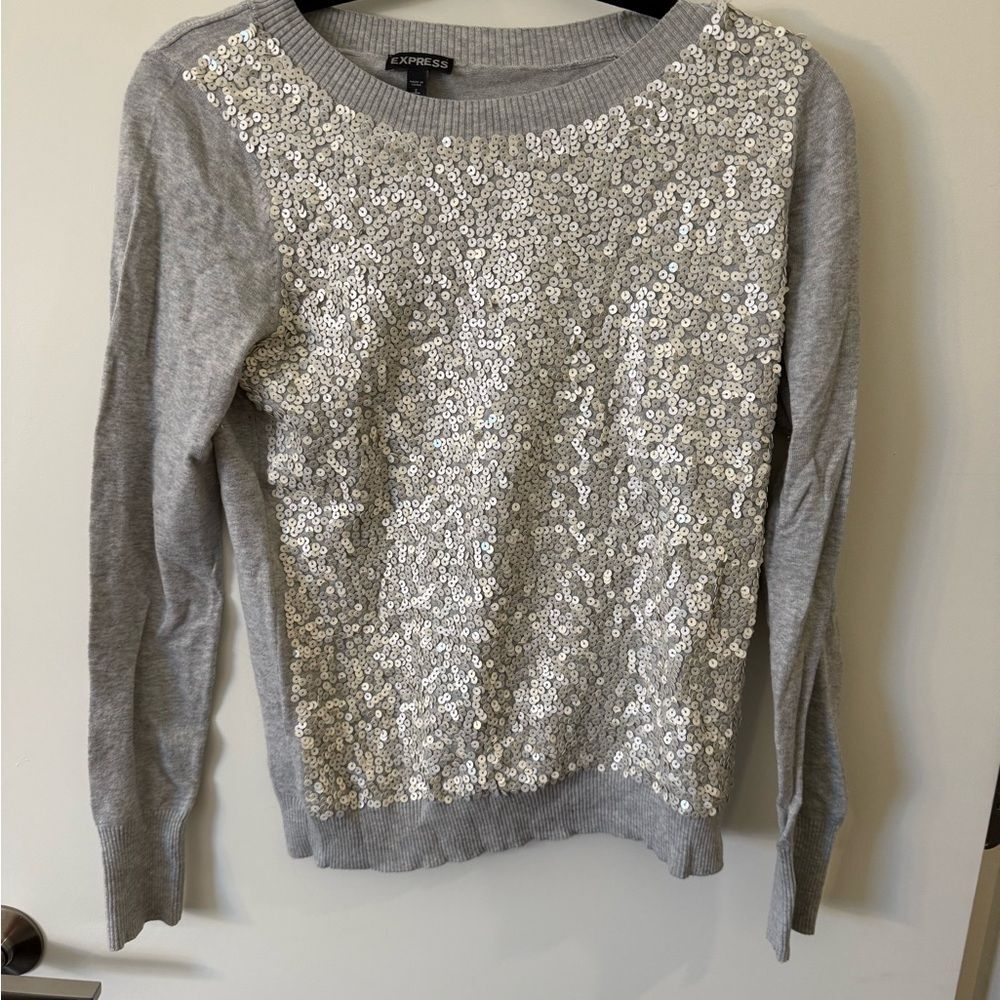 Express Silver Sequin Crew Neck Sweater